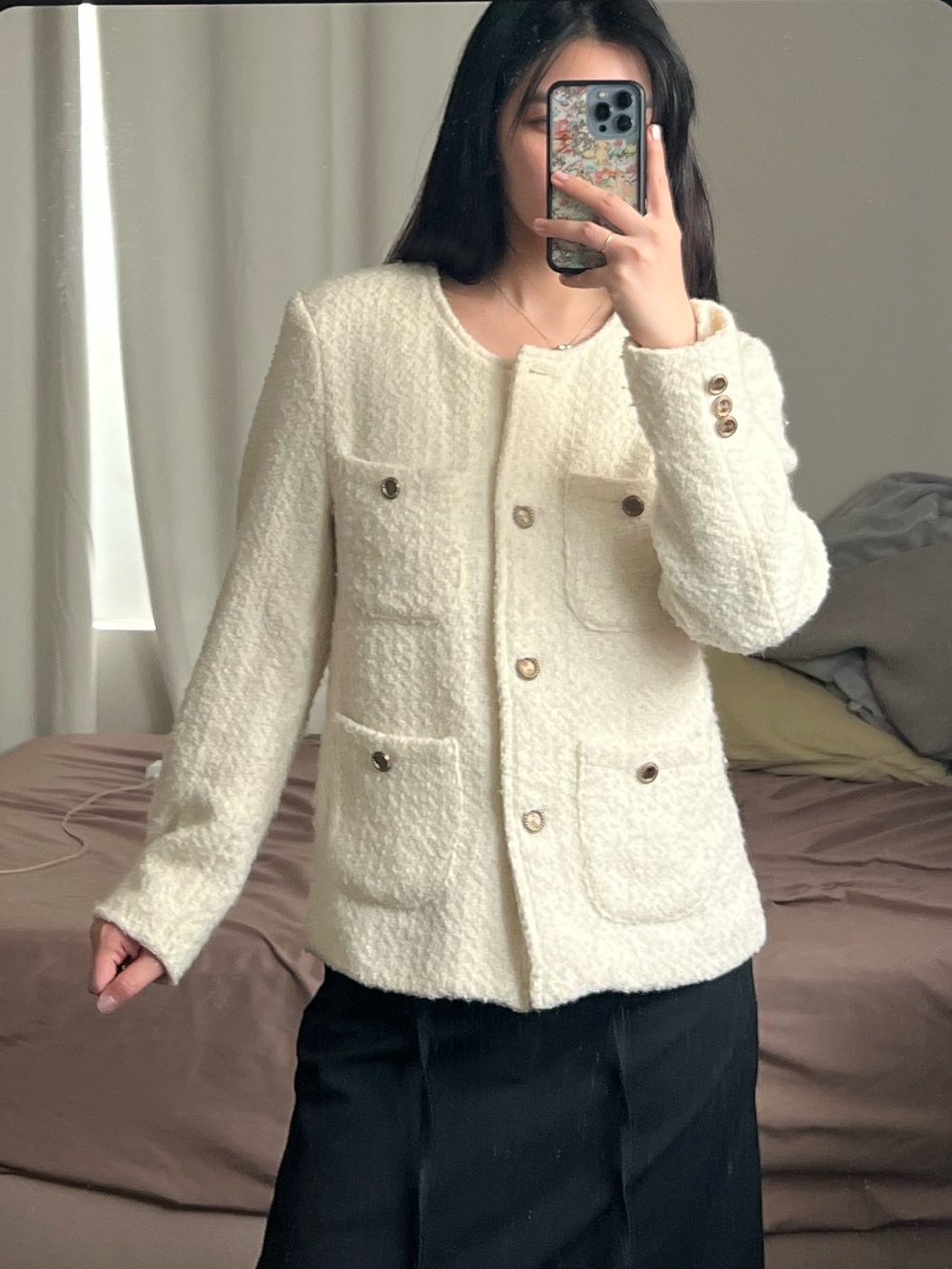Cream Textured Button-Front Women's Jacket